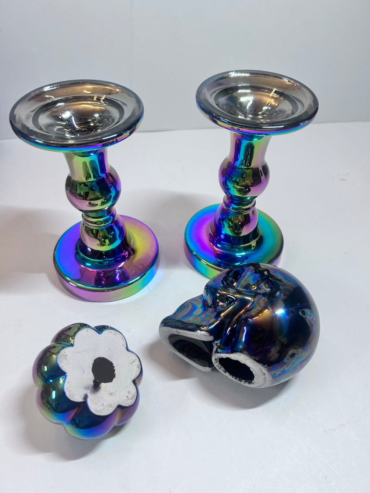 Title: 4-Piece Iridescent Halloween Decor Set:
Ceramic Skull & Pumpkin with Glass Pillar Candle Holders
