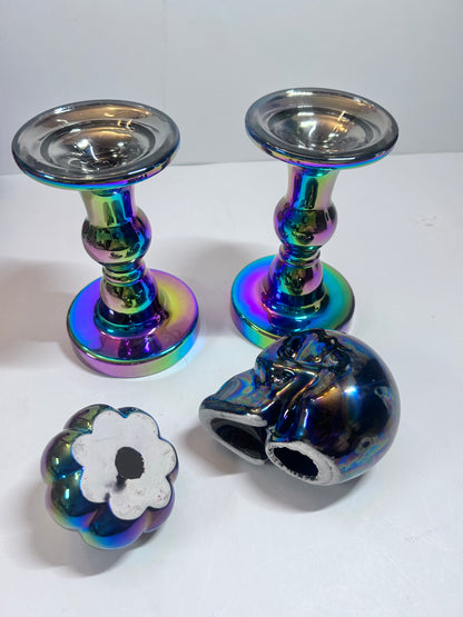Title: 4-Piece Iridescent Halloween Decor Set:
Ceramic Skull & Pumpkin with Glass Pillar Candle Holders