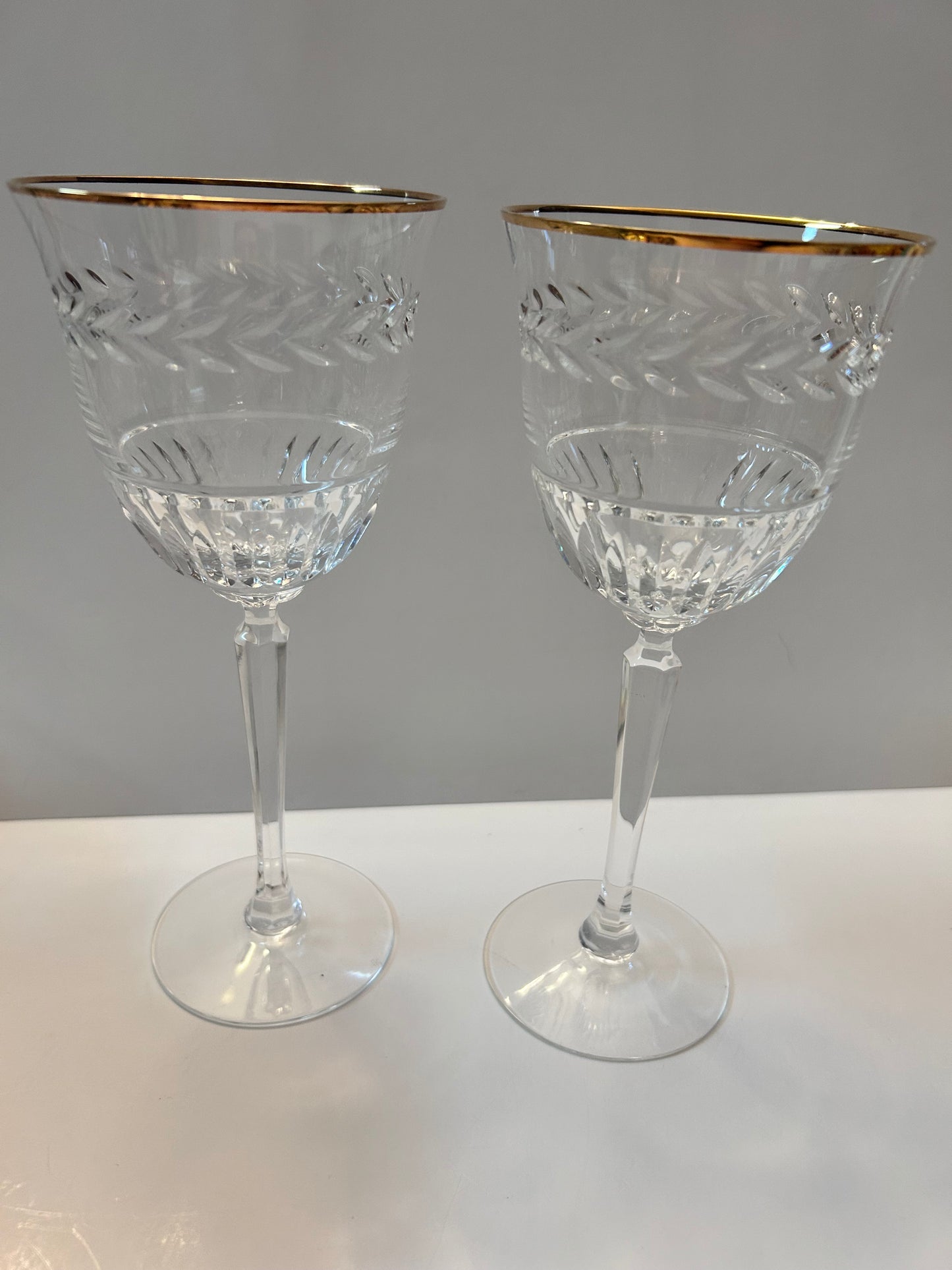 Set of 2 Vintage Lenox Monroe Gold Crystal Wine Glasses - Wheat Etch & Gold Rim - 7-1/4"
H - Made in USA