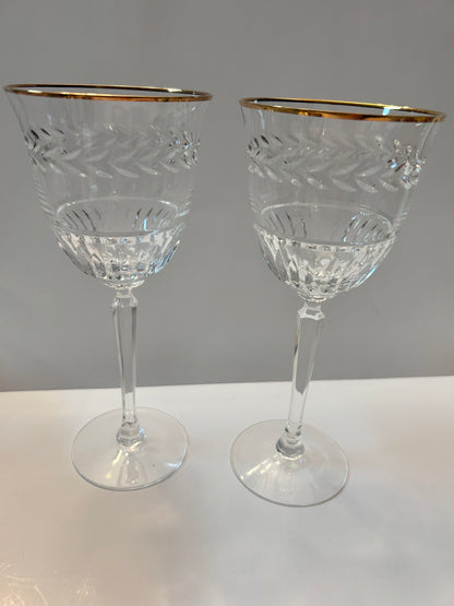 Set of 2 Vintage Lenox Monroe Gold Crystal Wine Glasses - Wheat Etch & Gold Rim - 7-1/4"
H - Made in USA