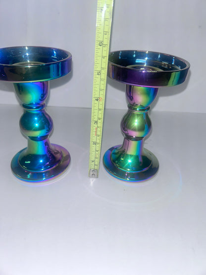 Title: 4-Piece Iridescent Halloween Decor Set:
Ceramic Skull & Pumpkin with Glass Pillar Candle Holders