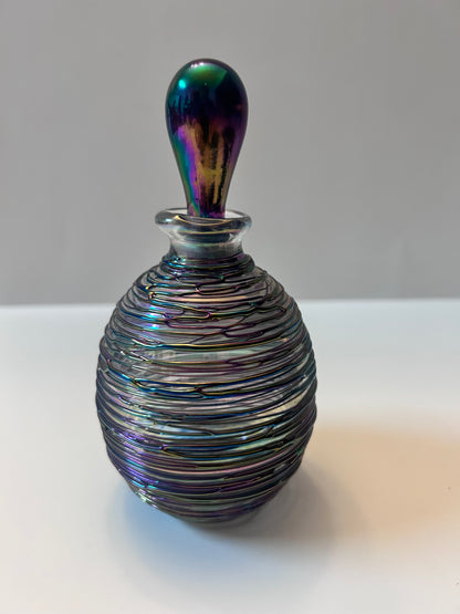 Michael Glass (5.5”) Hand-Blown Iridescent Art Glass Perfume Bottle – Purple/Green Trailing Wrap