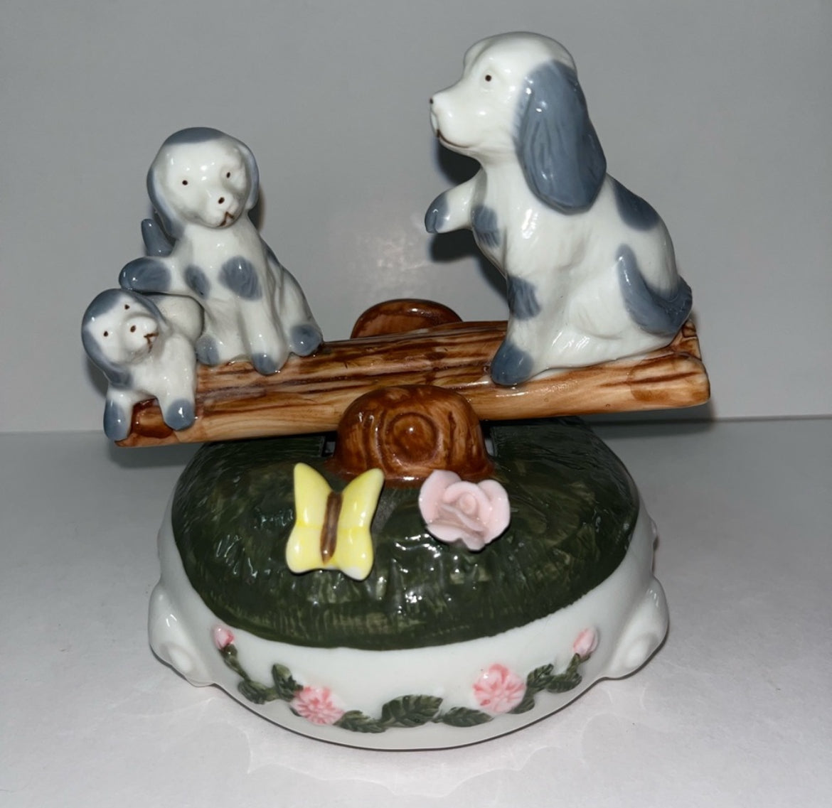 Exclusive See Saw Dogs Porcelain Music Box Figurine - Finest Antique