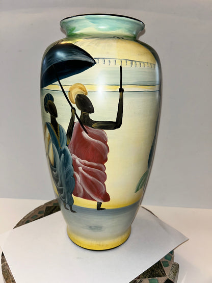 Barrington Collection 14" Hand-Painted Ceramic Vase - African Village Narrative Scene 14