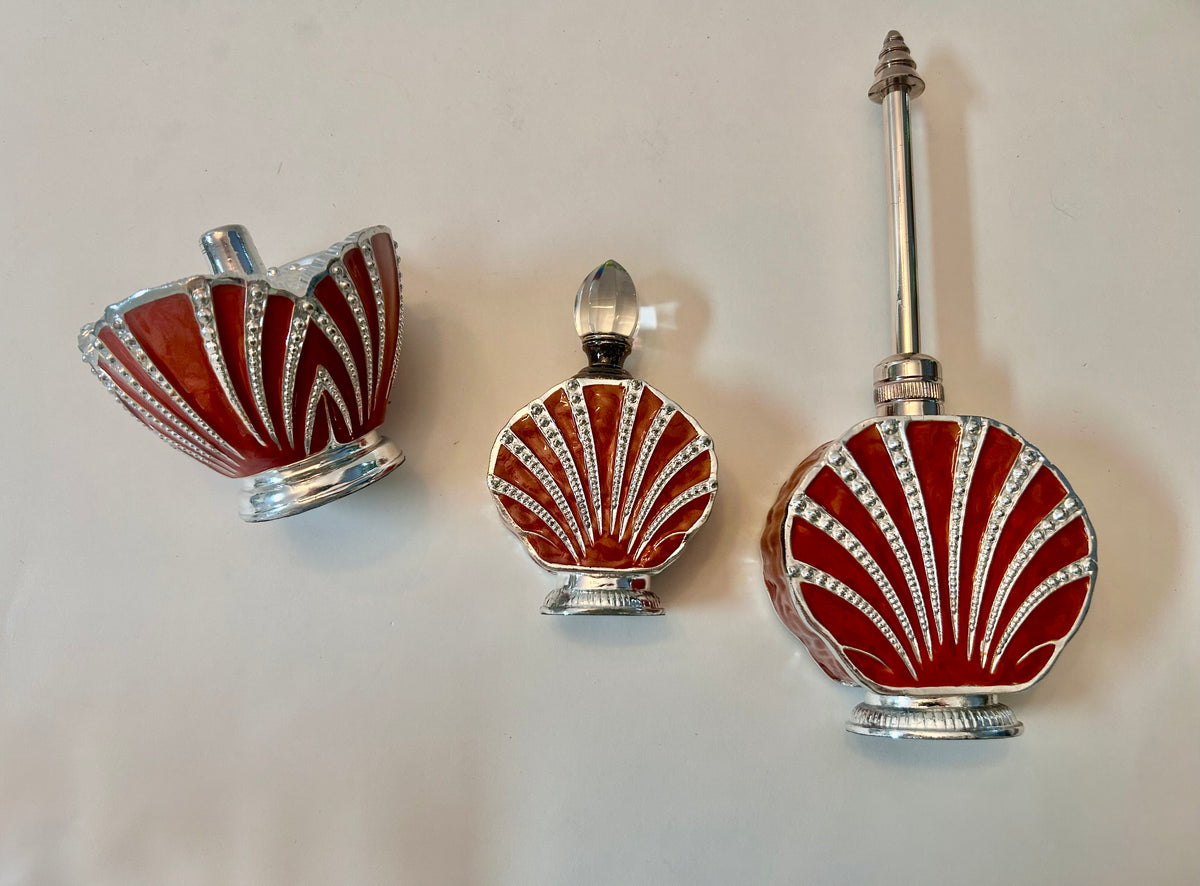 Vintage 3-Piece Red Enamel & Silver-Tone Shell Vanity Set - Perfume Sprinkler, Powder Jar & Dabber Bottle