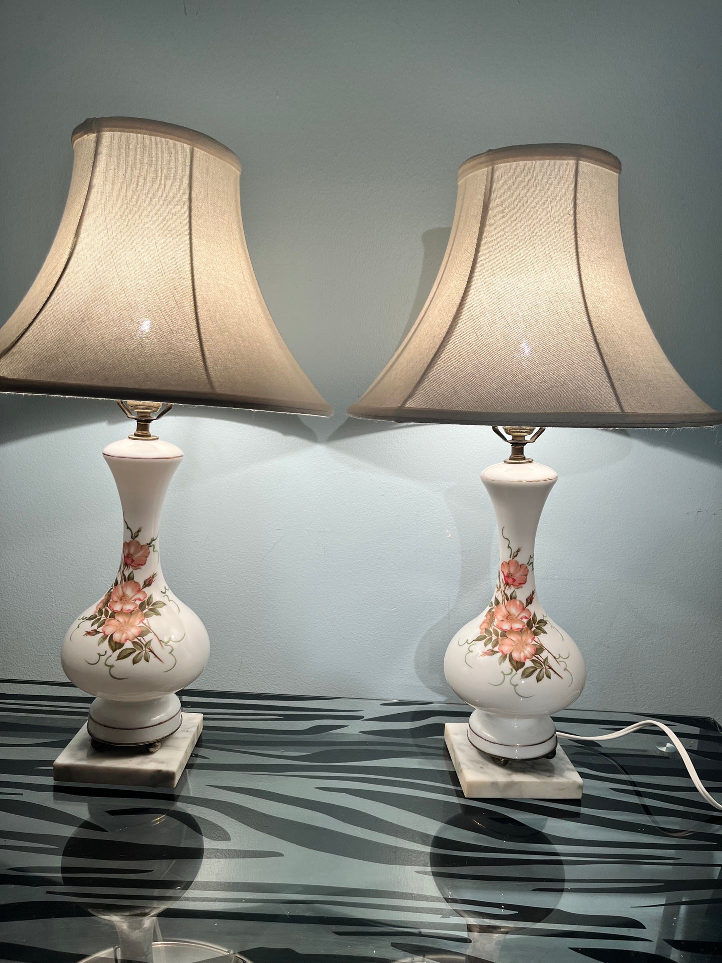 Mid - Century Italians Hand-Painted Milk Glass Lamps – Glossy Finish with Genuine Carrara Marble Base