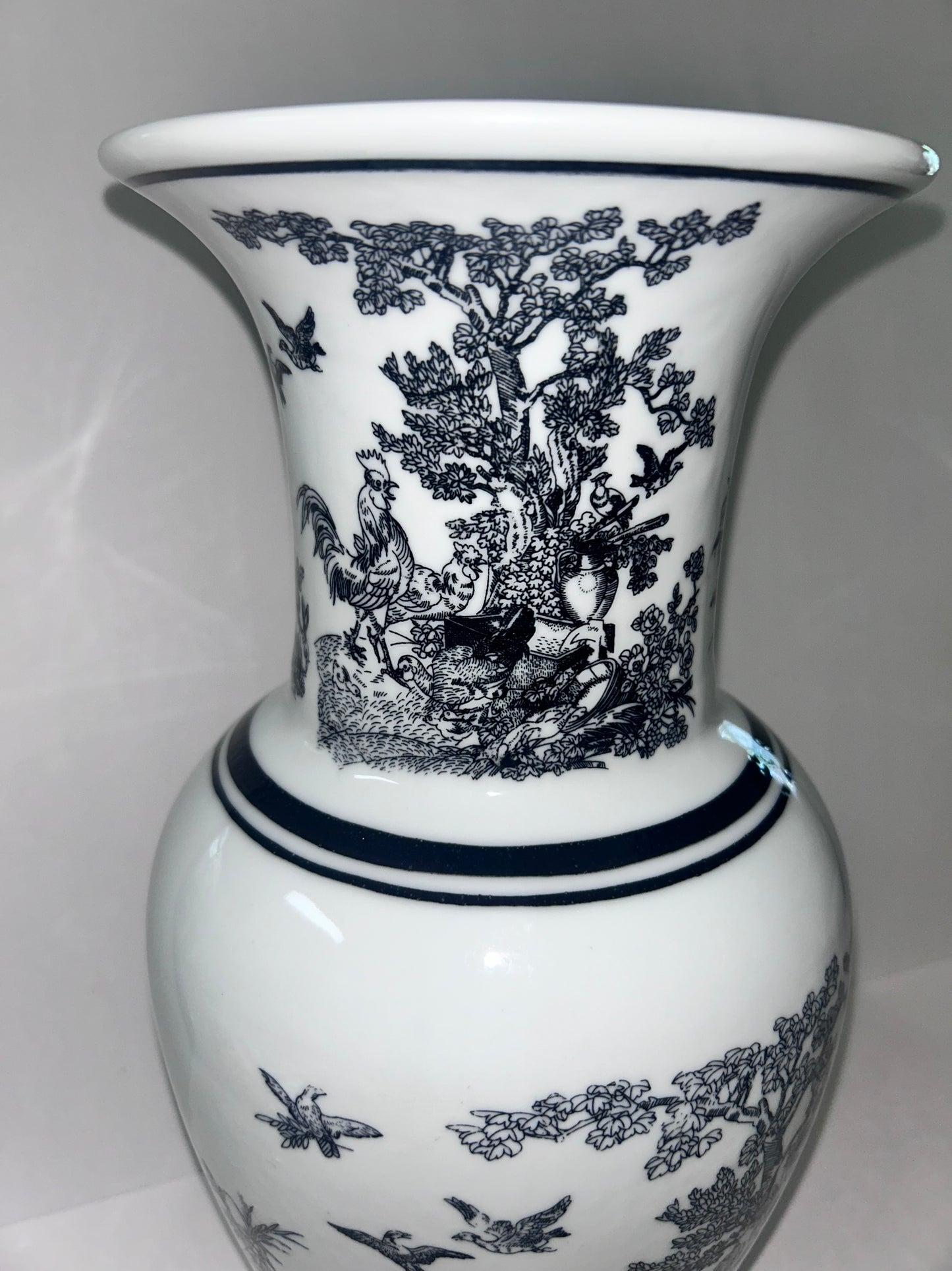 Vintage Black and White Porcelain Chinoiserie Vase - Rooster, Hen, & Rabbit Motif (14”)