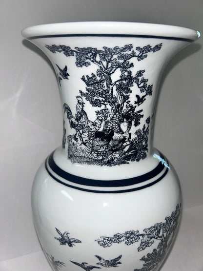 Vintage Black and White Porcelain Chinoiserie Vase - Rooster, Hen, & Rabbit Motif (14”)