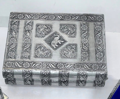 Vintage 4-Piece Handcrafted Embossed Silver Vanity & Jewelry Box Set w/ Coasters