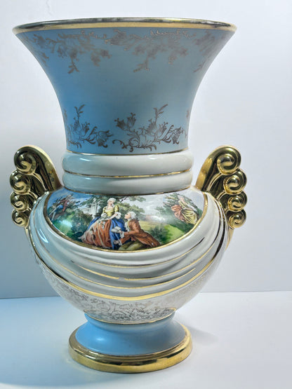 Vintage Abingdon Pottery USA Gold & Powder Blue Urn Vase - Fragonard Courting Couple
(#563)