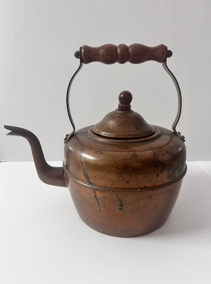 Antique English Copper Tea Kettle - c. 1920s - Gooseneck Wood Handle & Patina - Large