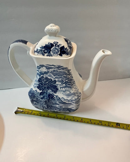 Royal Warwick Lochs of Scotland Blue Teapot and Royal Stafford & Crown Plates