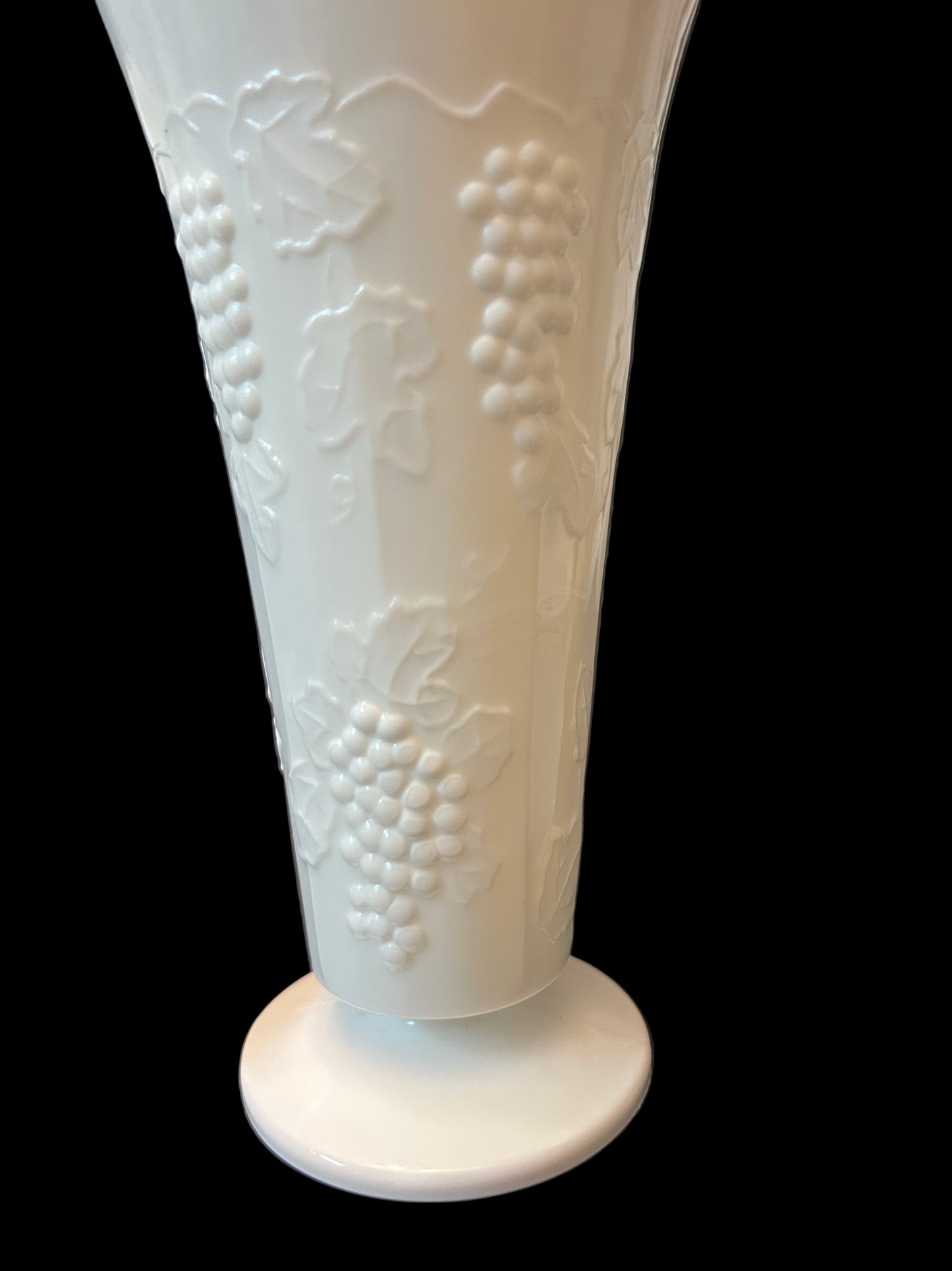 Vintage Milk Glass 3-Piece Set: Grape & Leaf Pedestal ( 8”)Vase with Matching Taper Candle
Holders