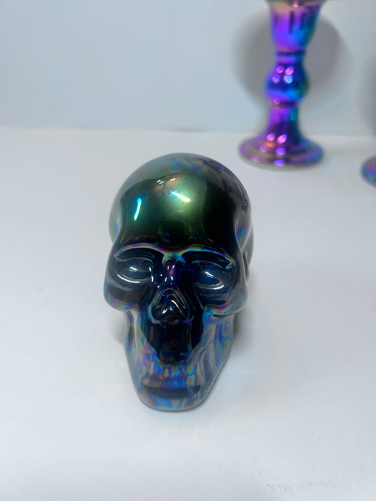 Title: 4-Piece Iridescent Halloween Decor Set:
Ceramic Skull & Pumpkin with Glass Pillar Candle Holders
