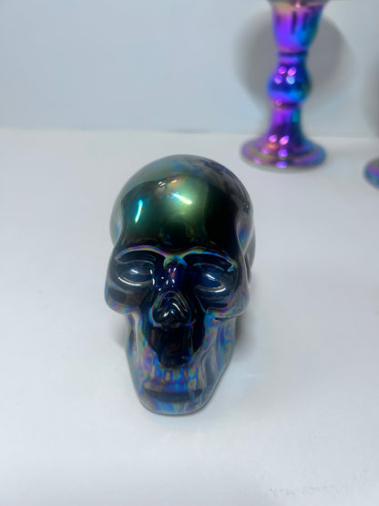 Title: 4-Piece Iridescent Halloween Decor Set:
Ceramic Skull & Pumpkin with Glass Pillar Candle Holders