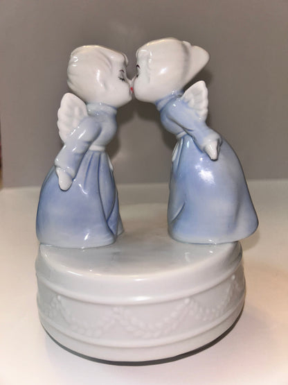 Mid-Century Kitschy Shabby Korean Kissing Angels Music Box Figurine