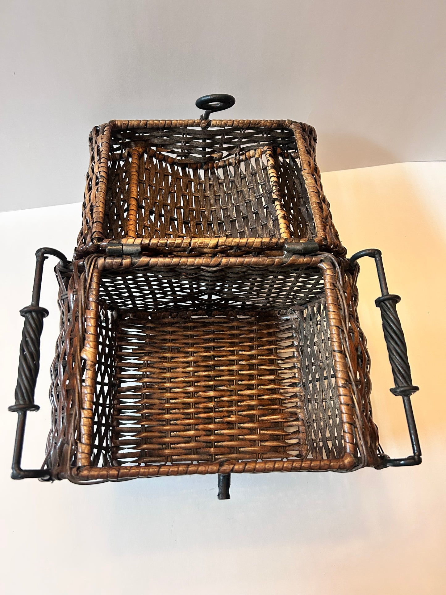 Vintage Woven Wicker Chest with Wrought Iron Scroll Feet & Twisted Metal Handles
