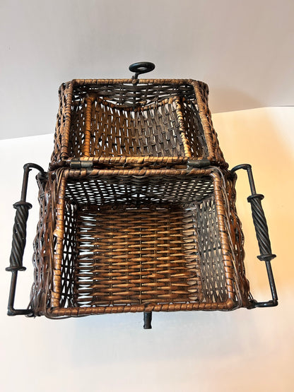 Vintage Woven Wicker Chest with Wrought Iron Scroll Feet & Twisted Metal Handles