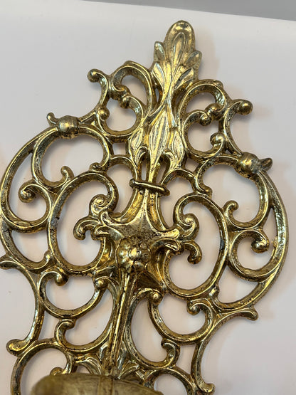 Pair of Vintage Mid Century Filigree Brass/Brass Plated Wall Sconces Candle Holders, French Rococo Style