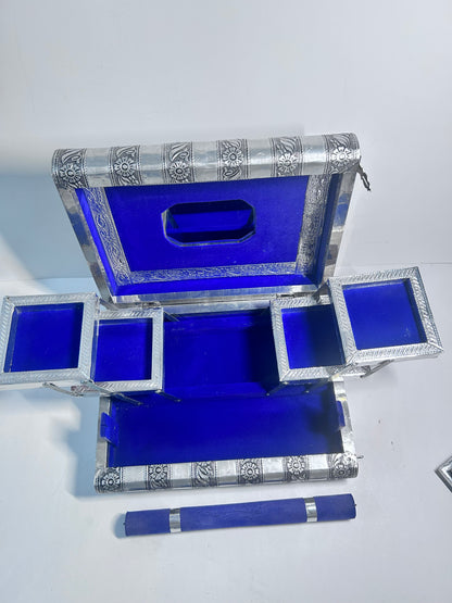 Vintage 4-Piece Handcrafted Embossed Silver Vanity & Jewelry Box Set w/ Coasters