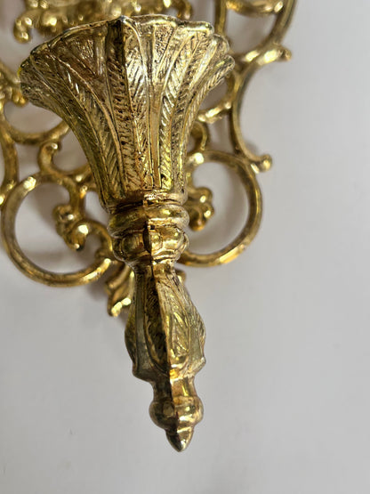 Pair of Vintage Mid Century Filigree Brass/Brass Plated Wall Sconces Candle Holders, French Rococo Style