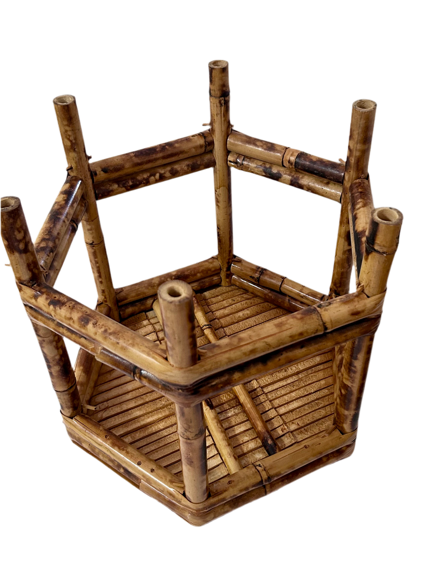 Vintage Burnt Bamboo Hexagonal Plant Stands Nesting Table Raisers (Set of 2)
