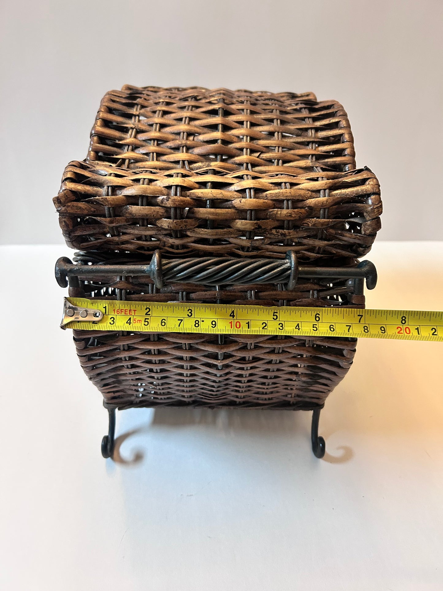 Vintage Woven Wicker Chest with Wrought Iron Scroll Feet & Twisted Metal Handles