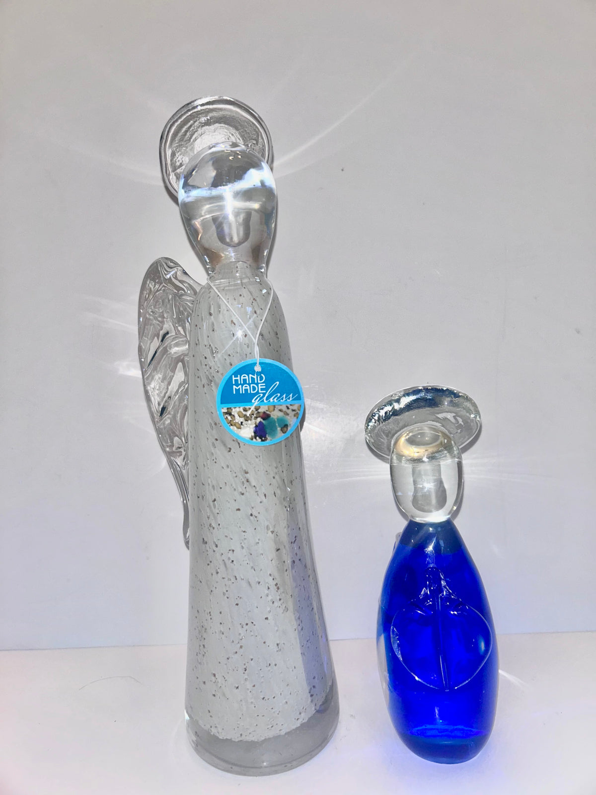 Hand-Blown Art Glass Angel
Figurines - Clear Speckled & Cobalt Blue Set