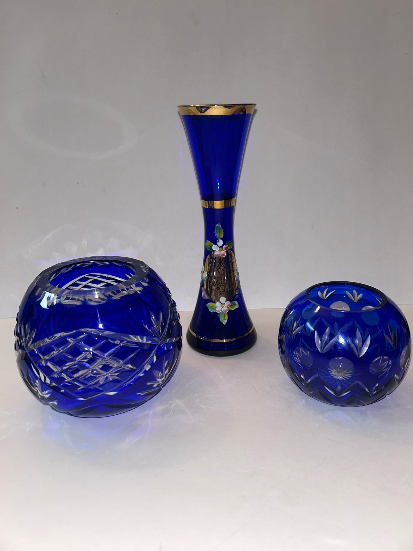 Trio of Bohemian Cobalt Blue Art Glass Vases - Hand-Painted Floral & Cut Crystal Designs