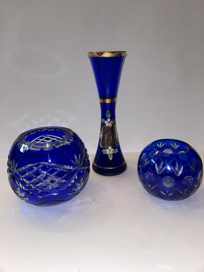 Trio of Bohemian Cobalt Blue Art Glass Vases - Hand-Painted Floral & Cut Crystal Designs