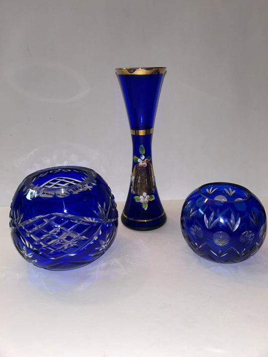 Trio of Bohemian Cobalt Blue Art Glass Vases - Hand-Painted Floral & Cut Crystal Designs