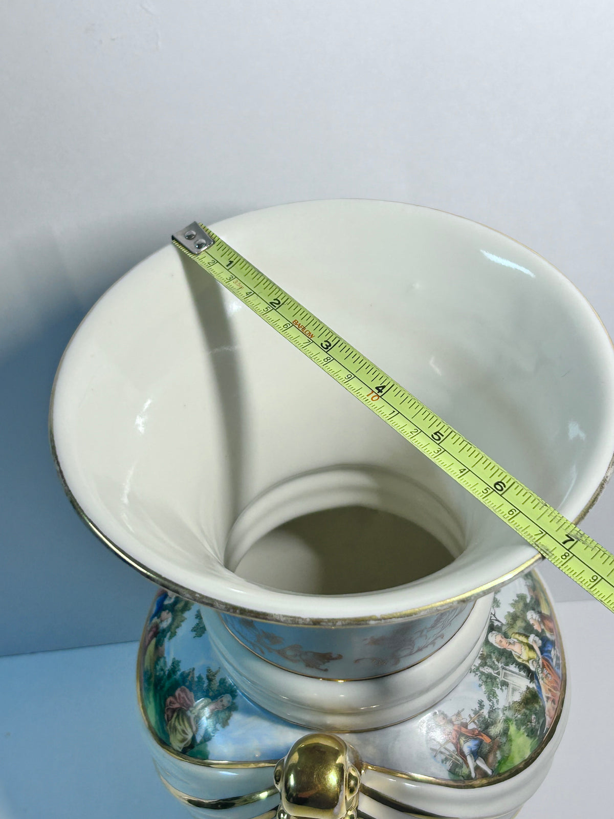 Vintage Abingdon Pottery USA Gold & Powder Blue Urn Vase - Fragonard Courting Couple
(#563)