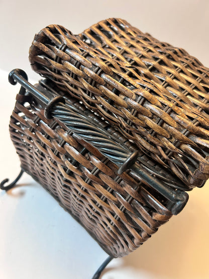 Vintage Woven Wicker Chest with Wrought Iron Scroll Feet & Twisted Metal Handles