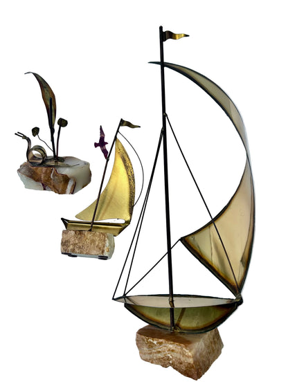 Vintage Mid-Century Modern Brass & Onyx Nautical Sculpture Set of 3