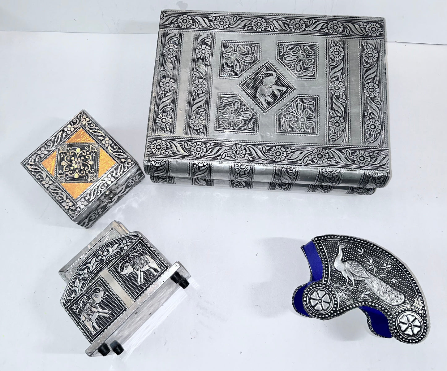 Vintage 4-Piece Handcrafted Embossed Silver Vanity & Jewelry Box Set w/ Coasters