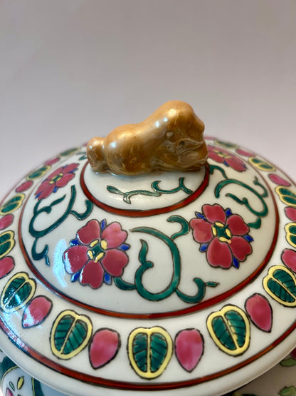 Antique Chinese Famille Rose (8”)Porcelain Covered Bowl with Foo Dog Finial