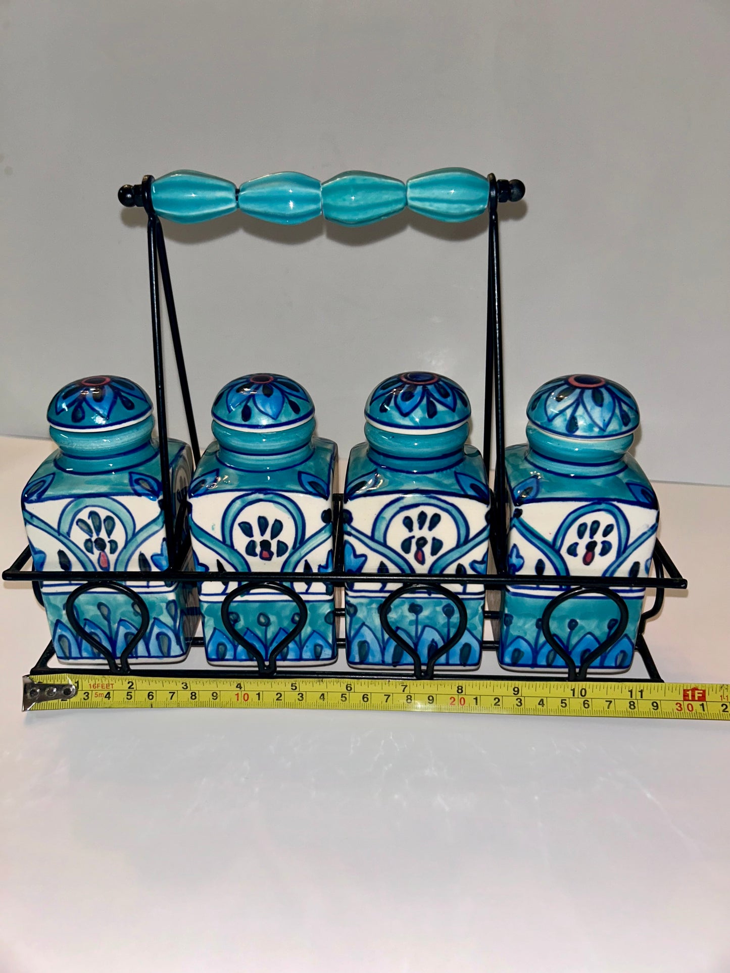 Artisan Hand-Painted Blue & White Indian Ceramic Spice Jar Set (4 Jars) w/ Metal Caddy