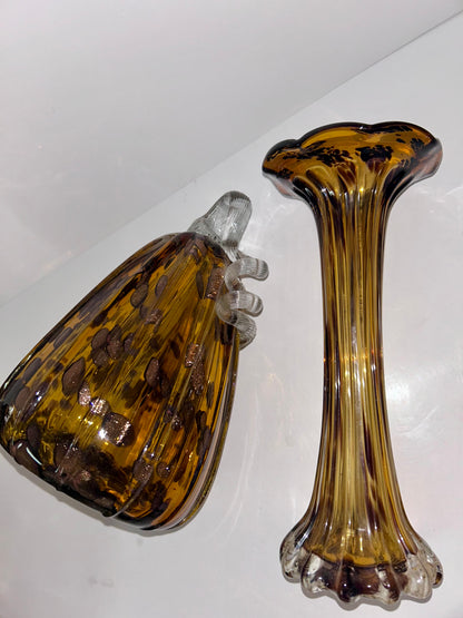 Stunning Mid-Century Modern Art Glass Hand Blown Set |Ruffled Flute Vase & Ribbed Pumpkin