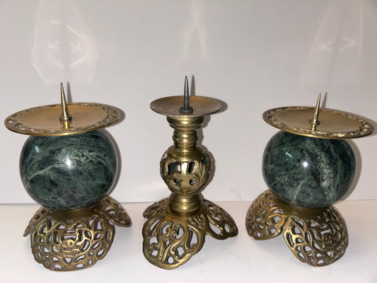 Vintage Dark Green Marble and Bronze Filigree Candle Holders(Set of 2)