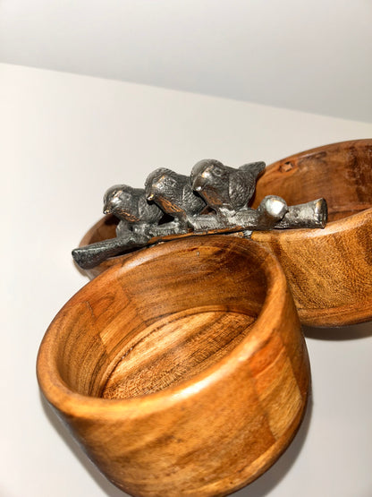 Charming Handcrafted Wooden Condiment Snack Bowls with Pewter Bird Accents