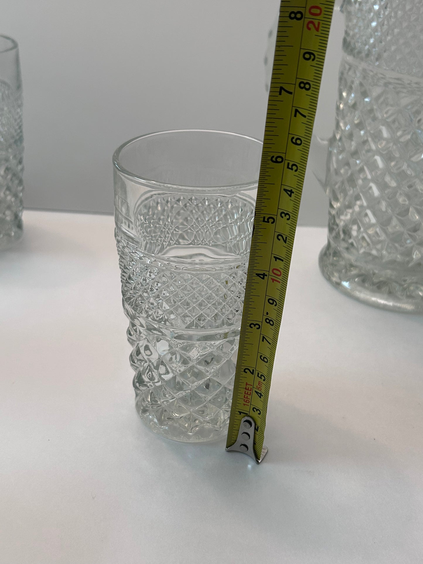 Vintage Anchor Hocking Wexford Diamond Cut Clear Glass Pitcher and 6 Tumblers Set