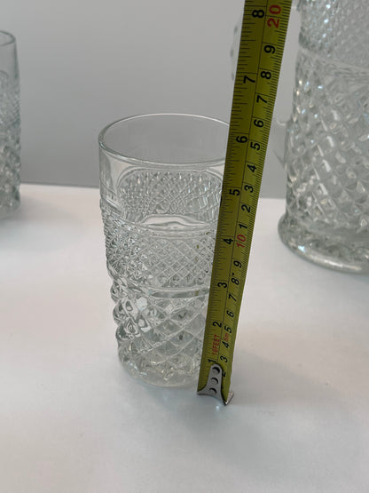 Vintage Anchor Hocking Wexford Diamond Cut Clear Glass Pitcher and 6 Tumblers Set