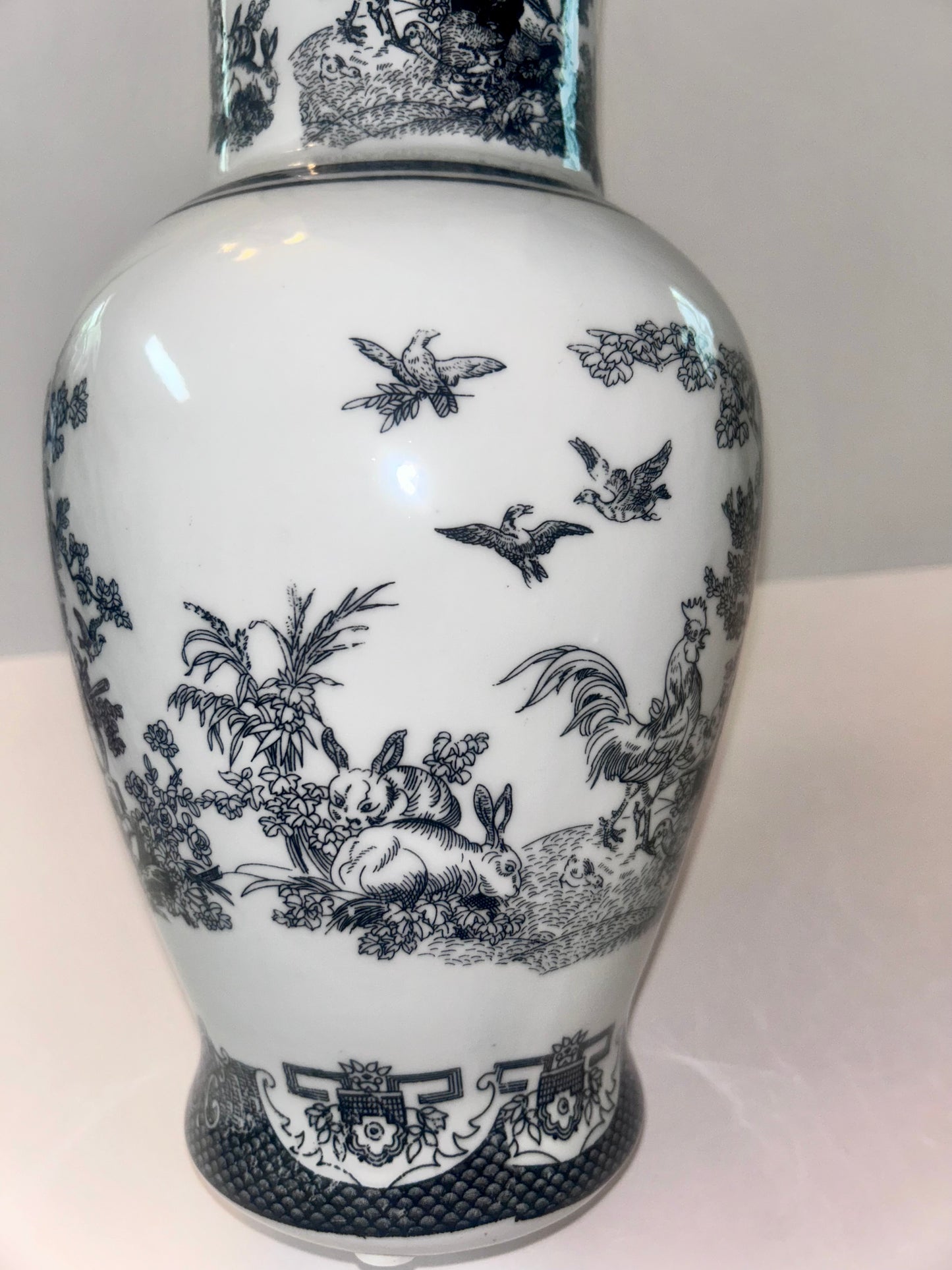Vintage Black and White Porcelain Chinoiserie Vase - Rooster, Hen, & Rabbit Motif (14”)
