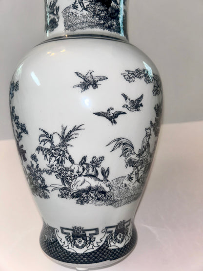 Vintage Black and White Porcelain Chinoiserie Vase - Rooster, Hen, & Rabbit Motif (14”)