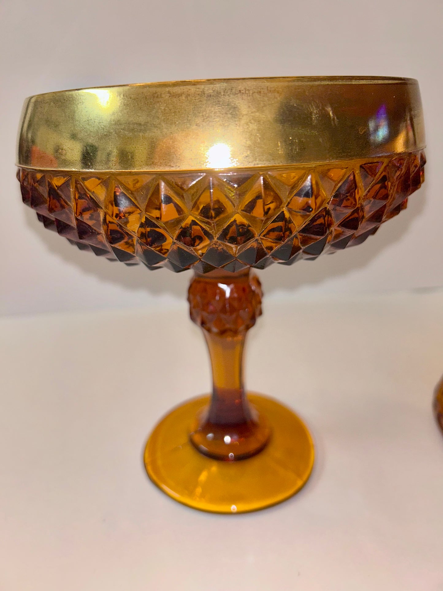 Vintage Amber Diamond Point Glass Candy Dish with Gold Trim