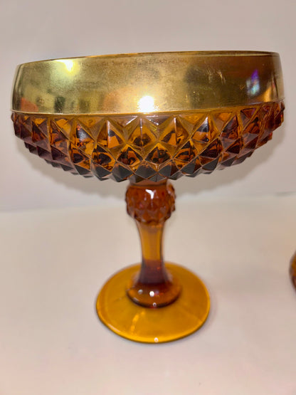 Vintage Amber Diamond Point Glass Candy Dish with Gold Trim