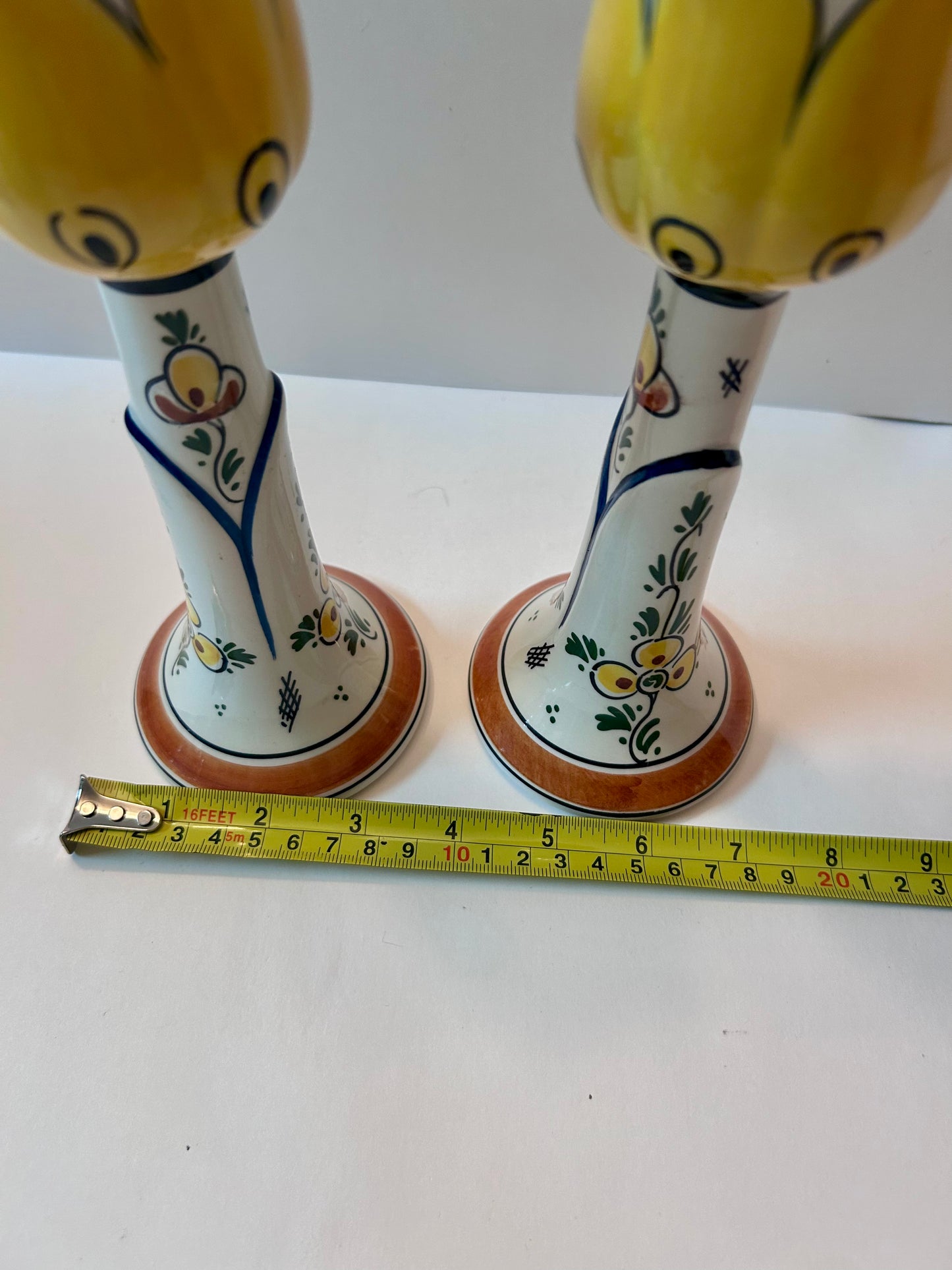 Unique Set Hand-Painted Yellow Tulip Delftware Candle Holders