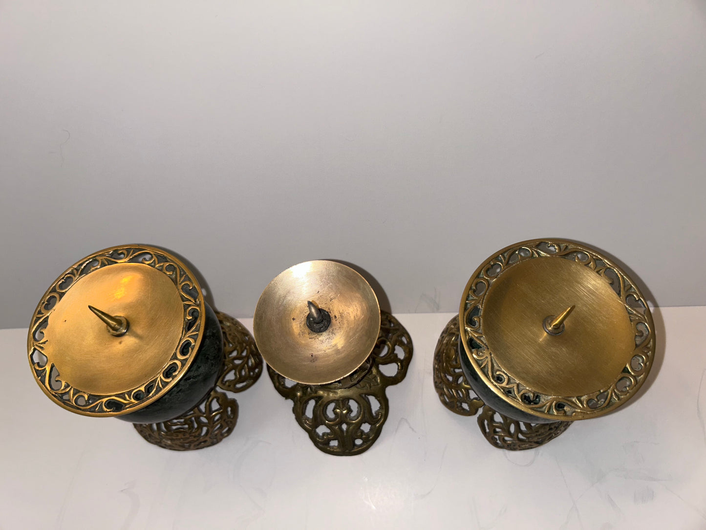 Vintage Dark Green Marble and Bronze Filigree Candle Holders(Set of 2)