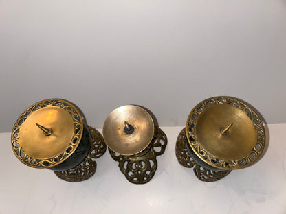 Vintage Dark Green Marble and Bronze Filigree Candle Holders(Set of 2)