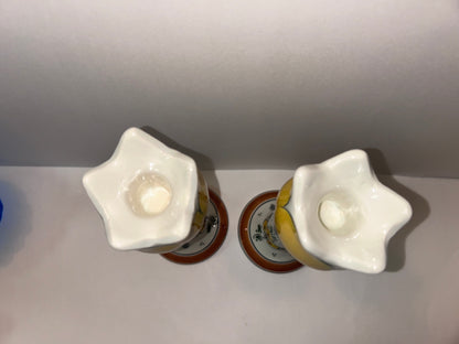 Unique Set Hand-Painted Yellow Tulip Delftware Candle Holders